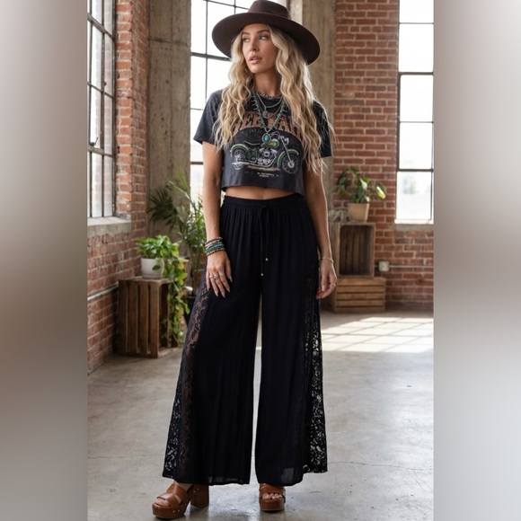Angie Pants - NWT Angie Boho Gypsy Soul Wide Leg Lace Panel Flare Festival Casual Pants Black